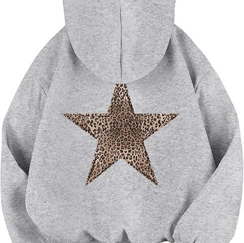 Stylish graphic hoodie for women, showcasing a trendy star leopard pattern.
