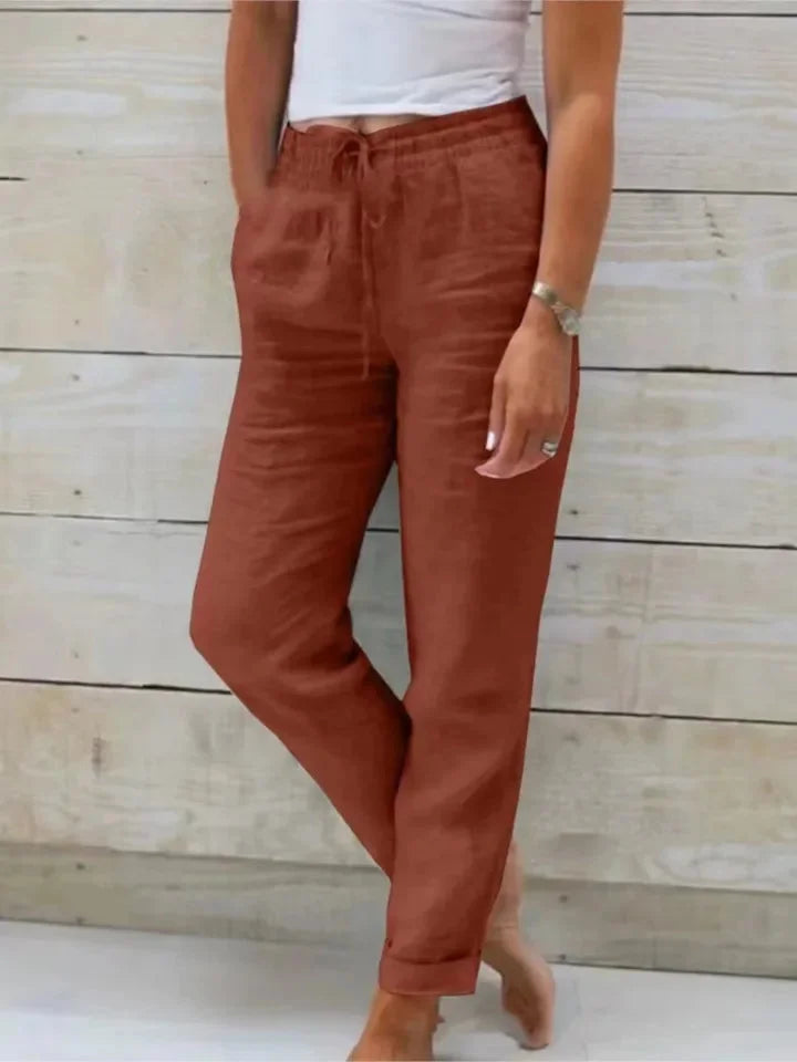 Soft fabric texture of women's casual jogger pants, featuring comfortable drawstring waist and elastic cuffs.