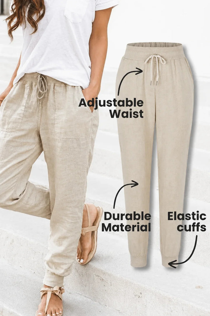 Stylish women's drawstring jogger pants featuring elastic cuffs. Ideal for relaxed fit and everyday casual wear.