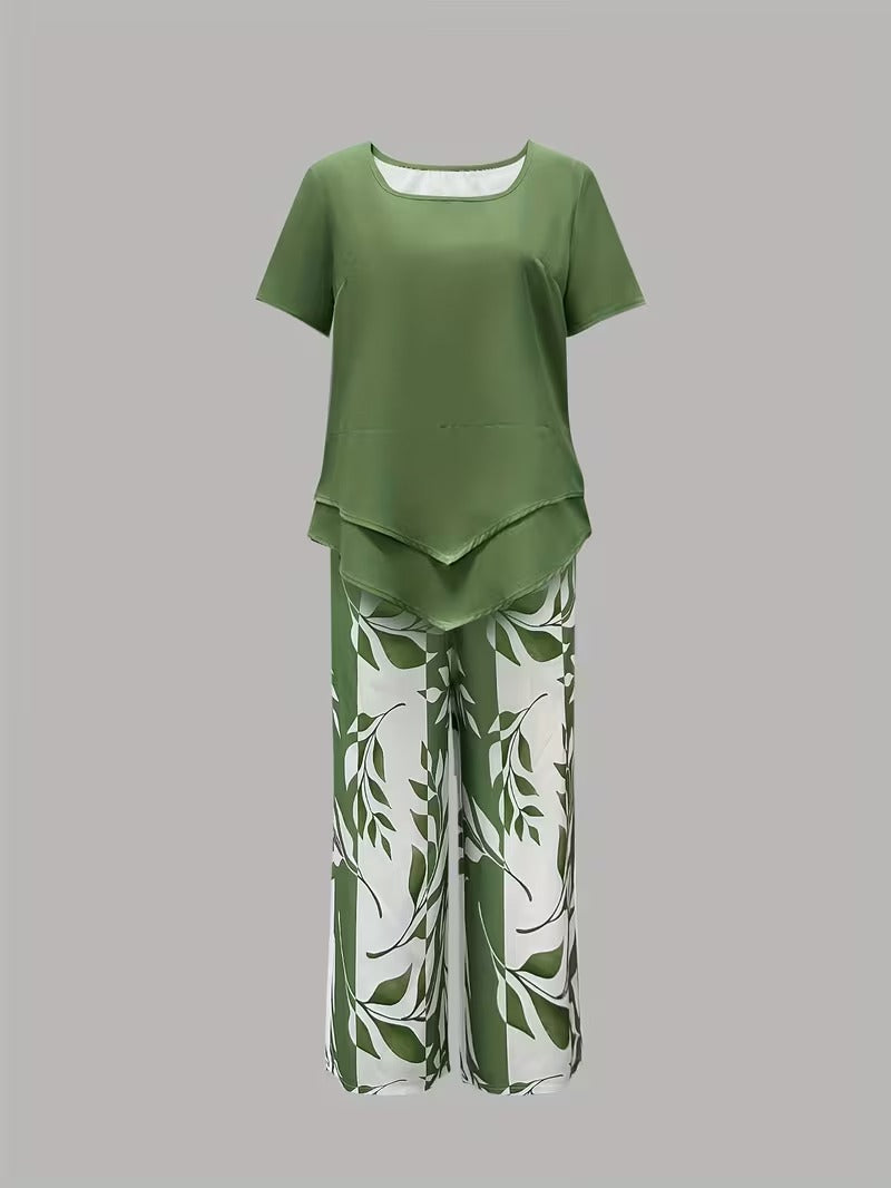 Trendy leaf print casual set for women, a comfortable two-piece for summer days.