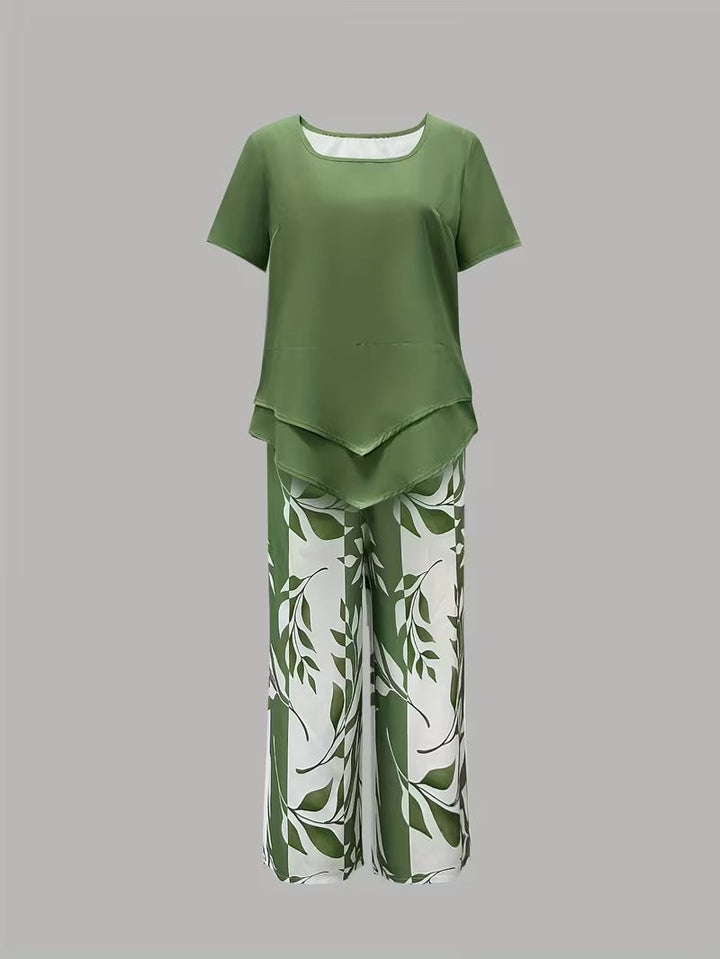 Trendy leaf print casual set for women, a comfortable two-piece for summer days.
