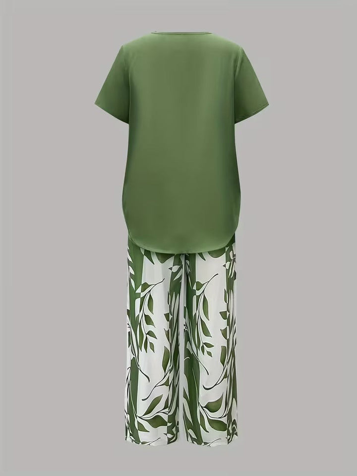 Botanical leaf print two-piece set for women. A comfortable, casual, and stylish summer loungewear option.
