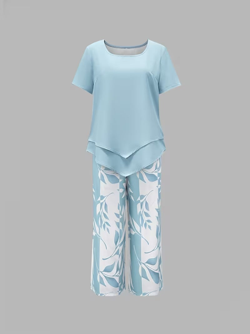 Women's relaxed fit leaf print casual set. Two-piece summer loungewear for ultimate comfort and style.