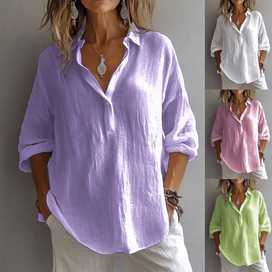 Breathable summer fashion: Women's casual button-down shirt, linen blend.