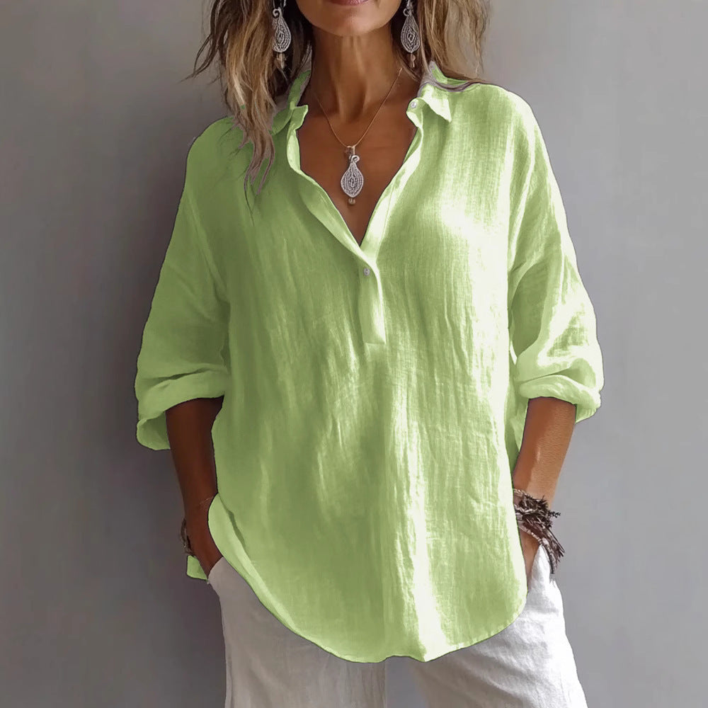 Versatile women's button-down shirt, featuring breezy linen blend fabric.