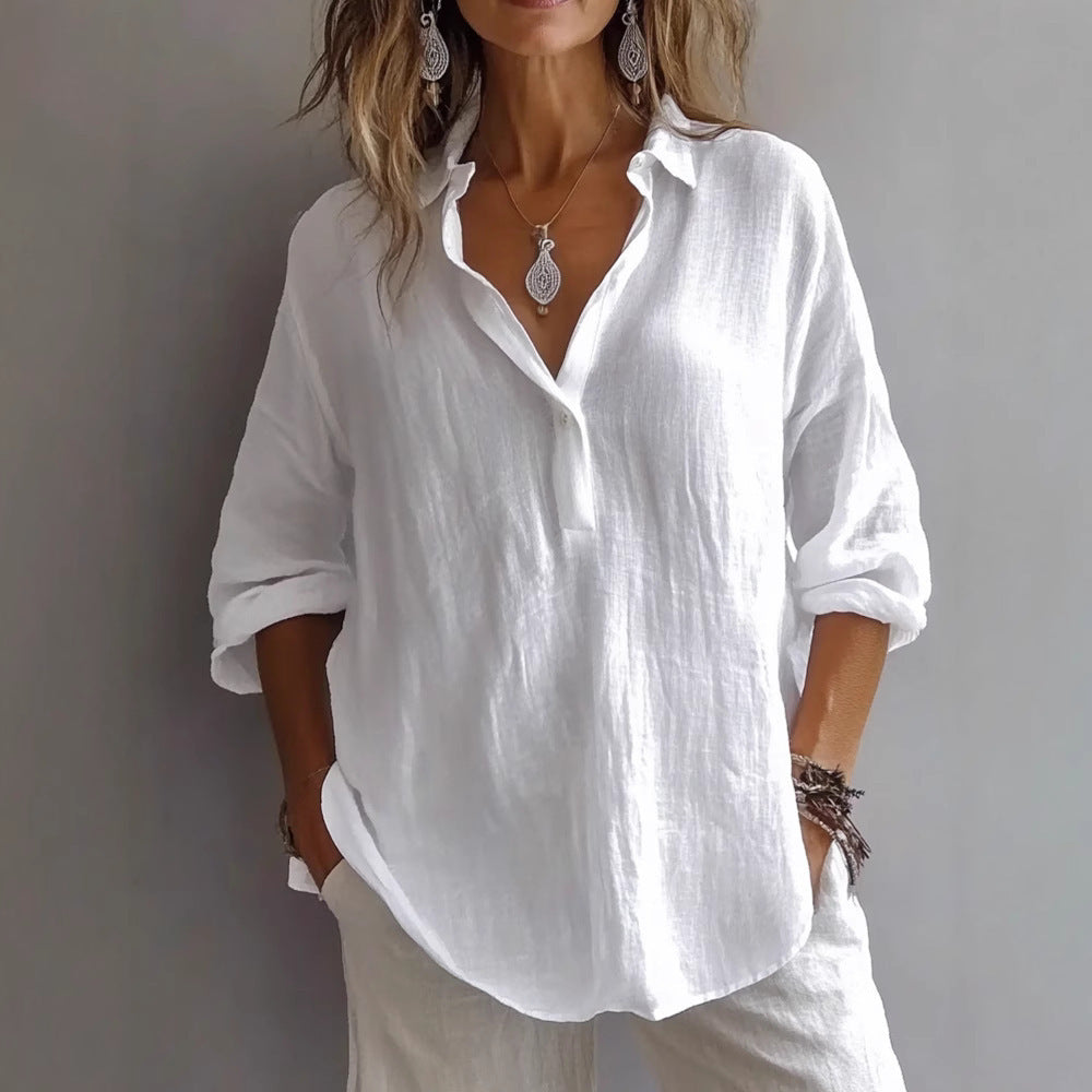 Linen blend casual top for women, ideal for summer, with classic button-down.