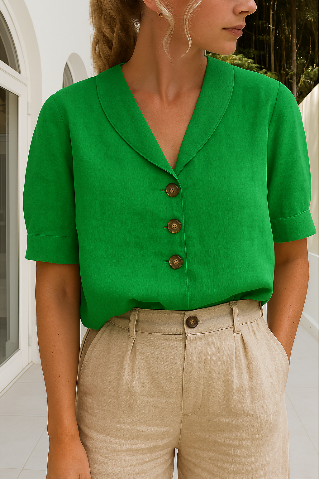 Ladies' comfortable cotton and linen shirt, perfect for daily wear with its relaxed fit.