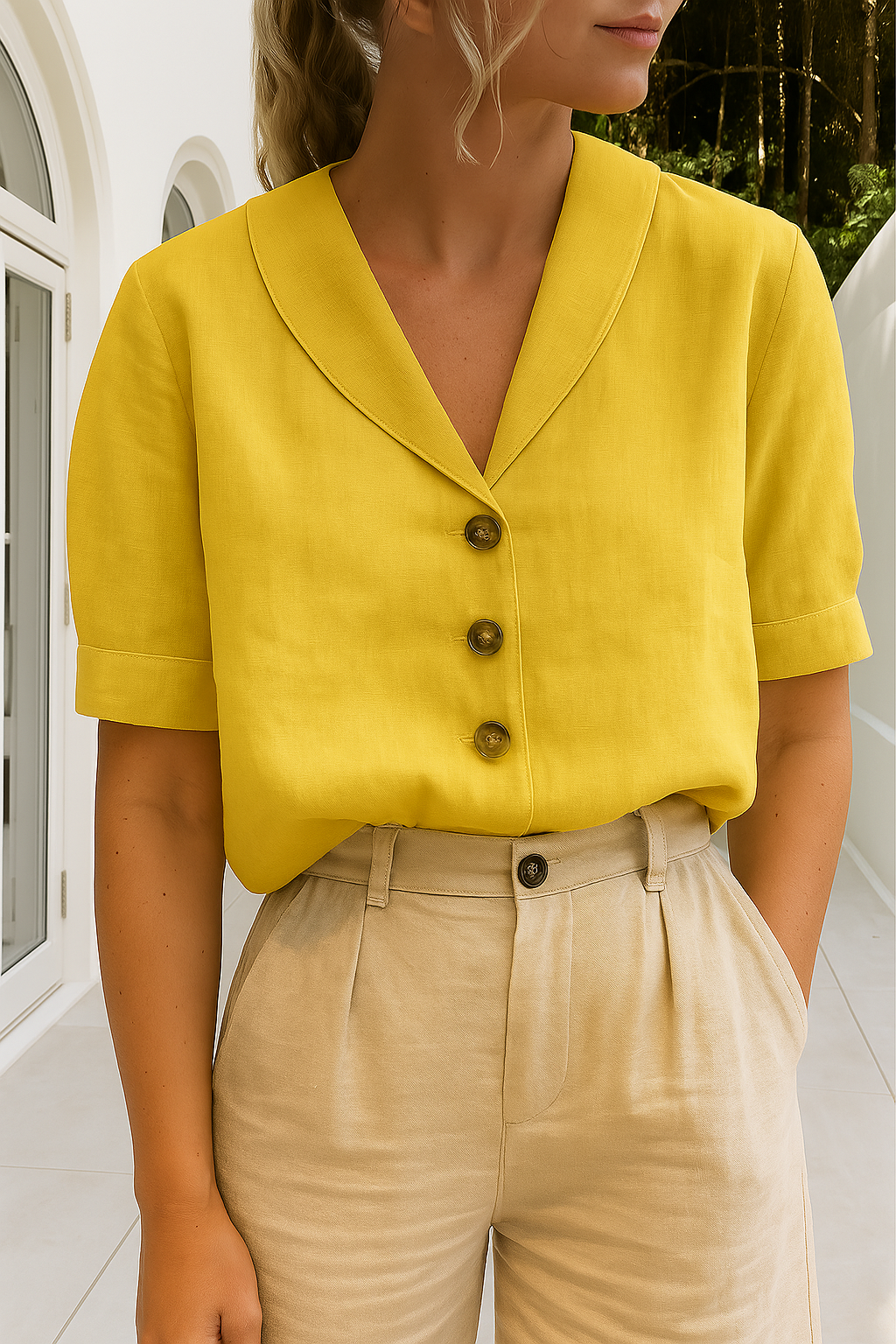 Close-up of the detailed envelope neckline on a women's casual linen shirt.