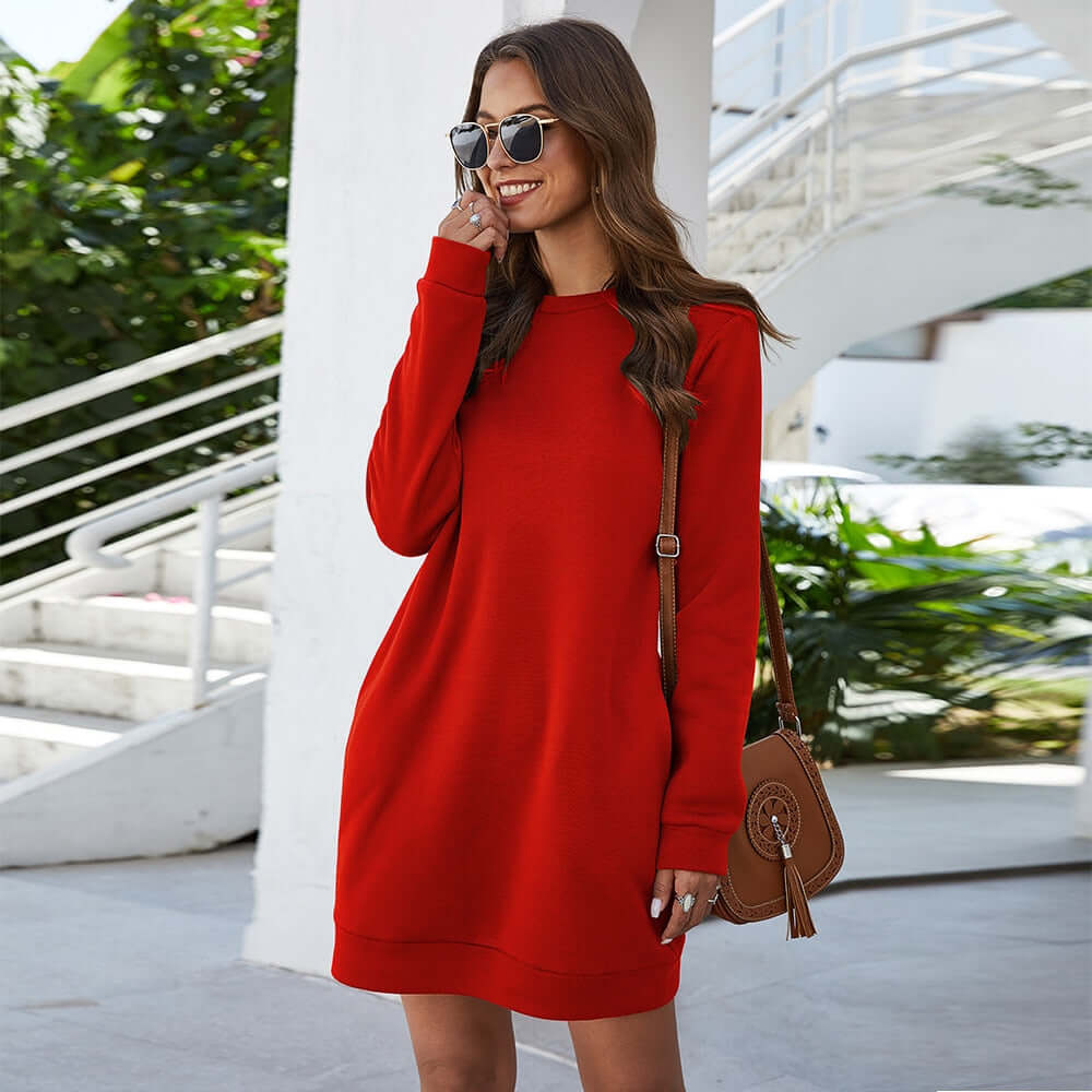 Fashionable women's sweater mini dress, a loose fit long sleeve casual option for autumn.
