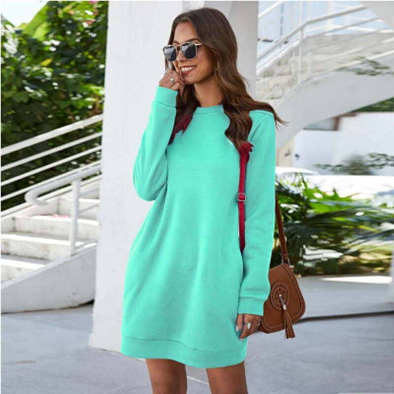 Comfortable women's winter sweater dress, a stylish long sleeve mini for casual wear.