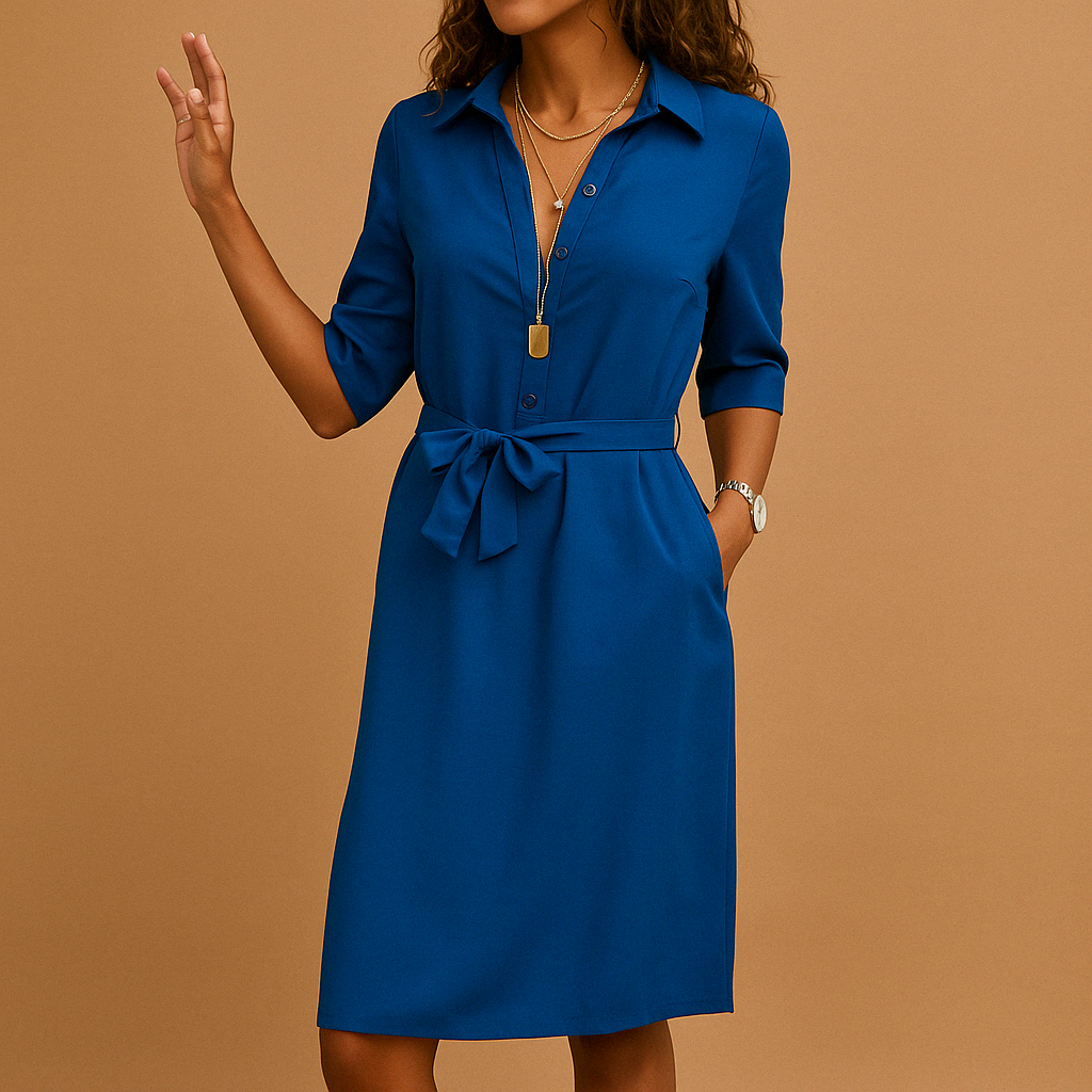 Elegant women's summer blouse dress with button closure & flattering belt. A comfortable midi style for casual wear.