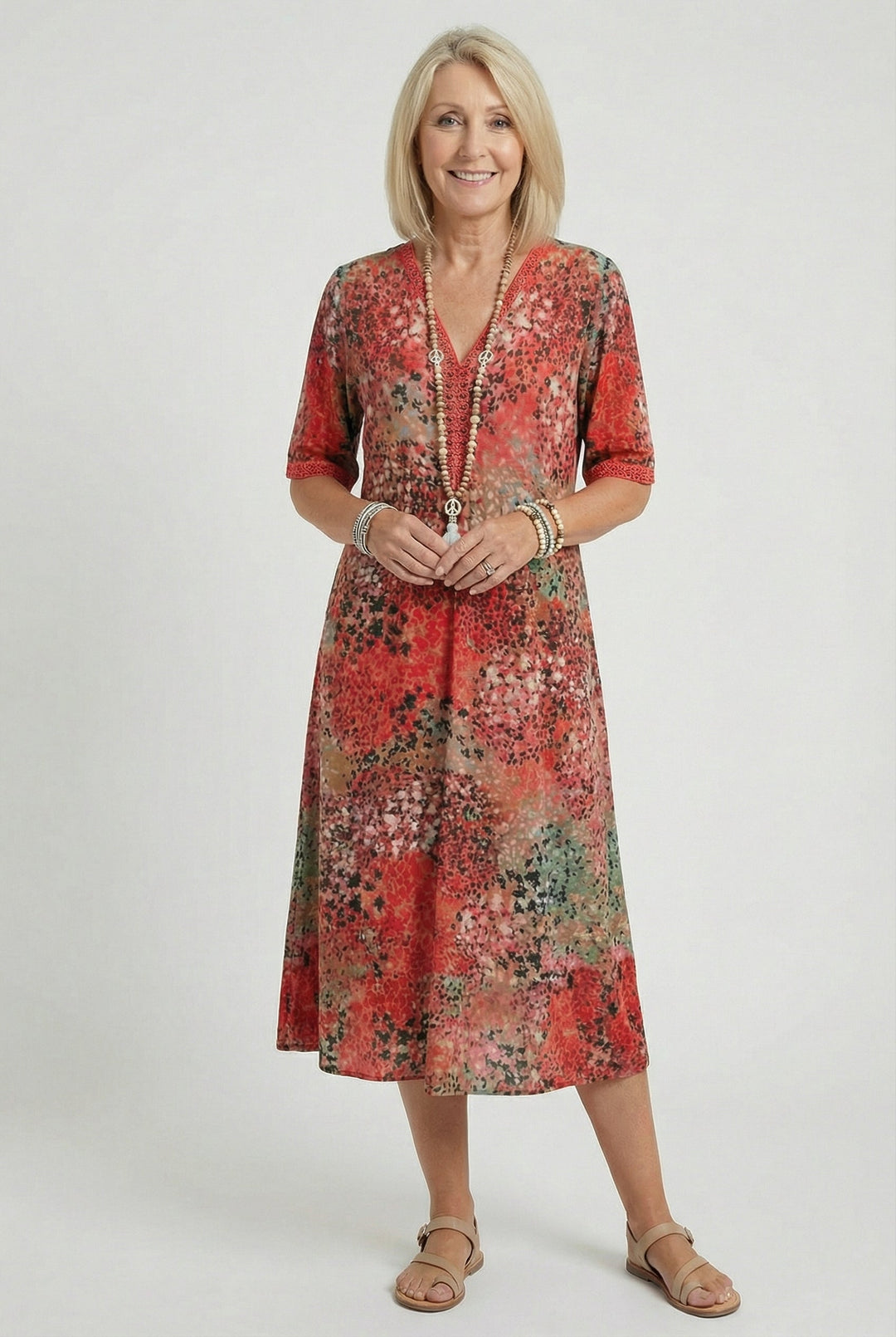Women's casual midi dress, floral print, short sleeve, v-neck, relaxed fit