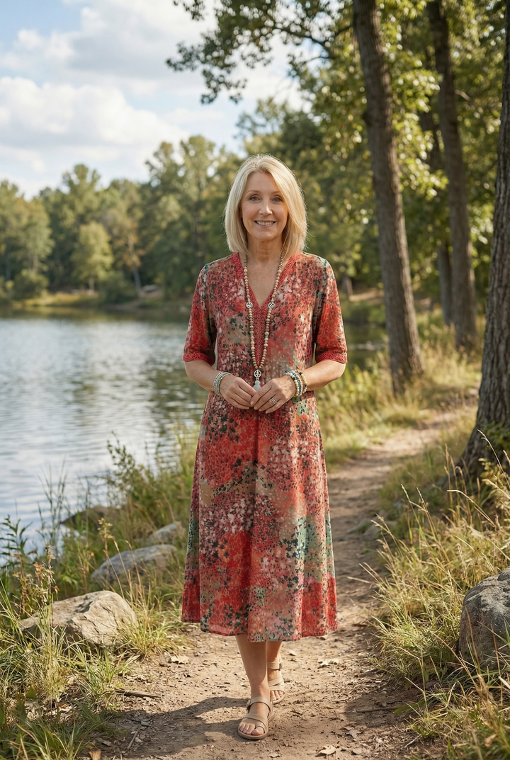Comfortable women's V-neck midi dress, designed for a relaxed fit