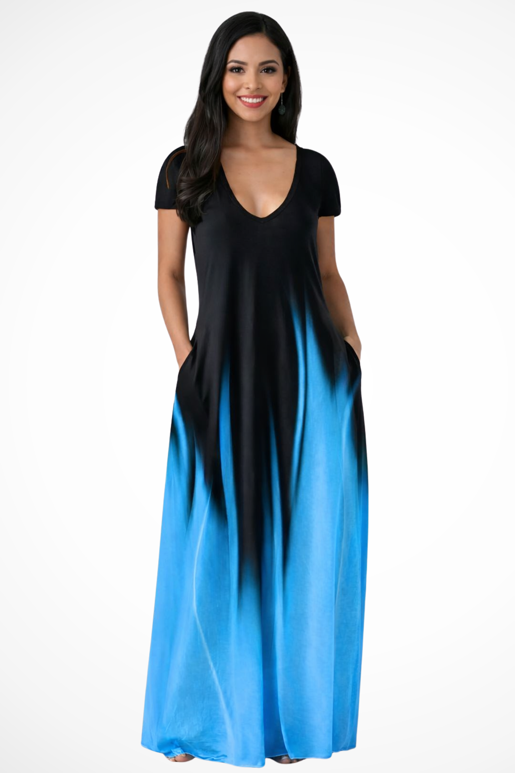 Women's casual ombre V-neck maxi dress with short sleeves, perfect for everyday wear.
