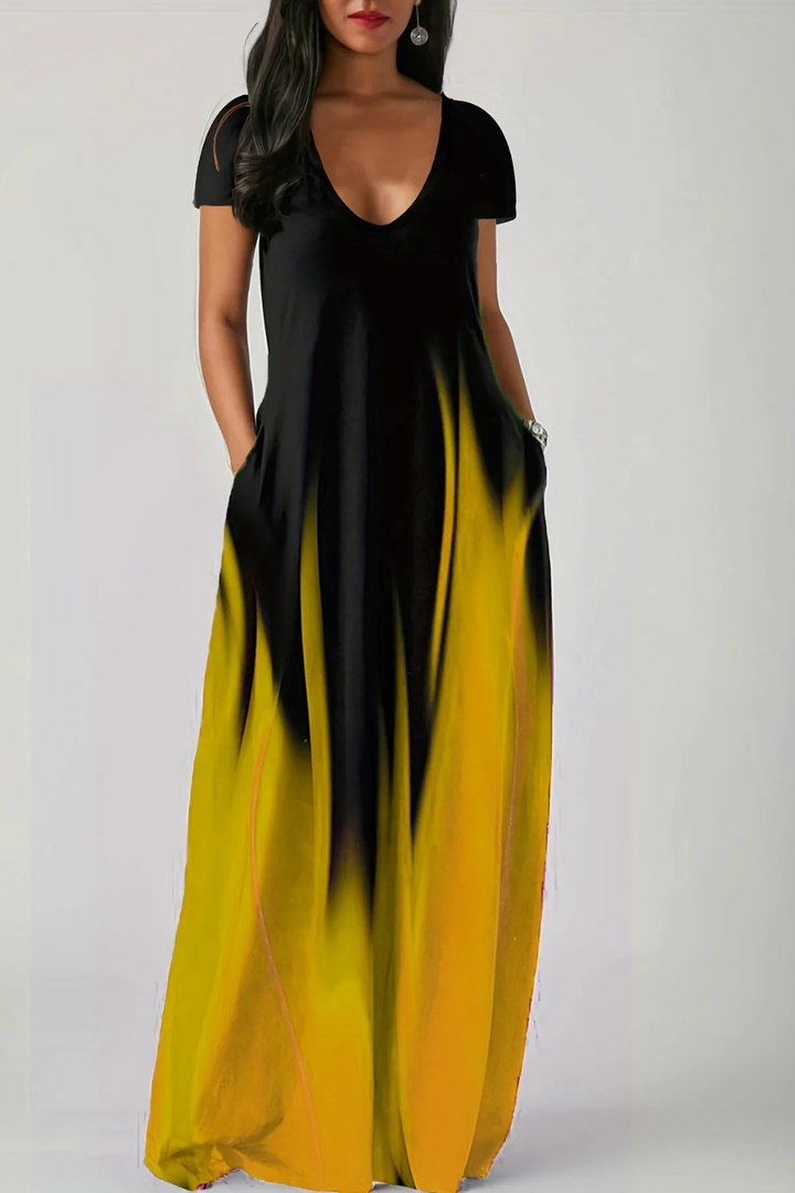 Stylish women's V-neck ombre maxi dress with short sleeves, a comfortable and trendy casual option.