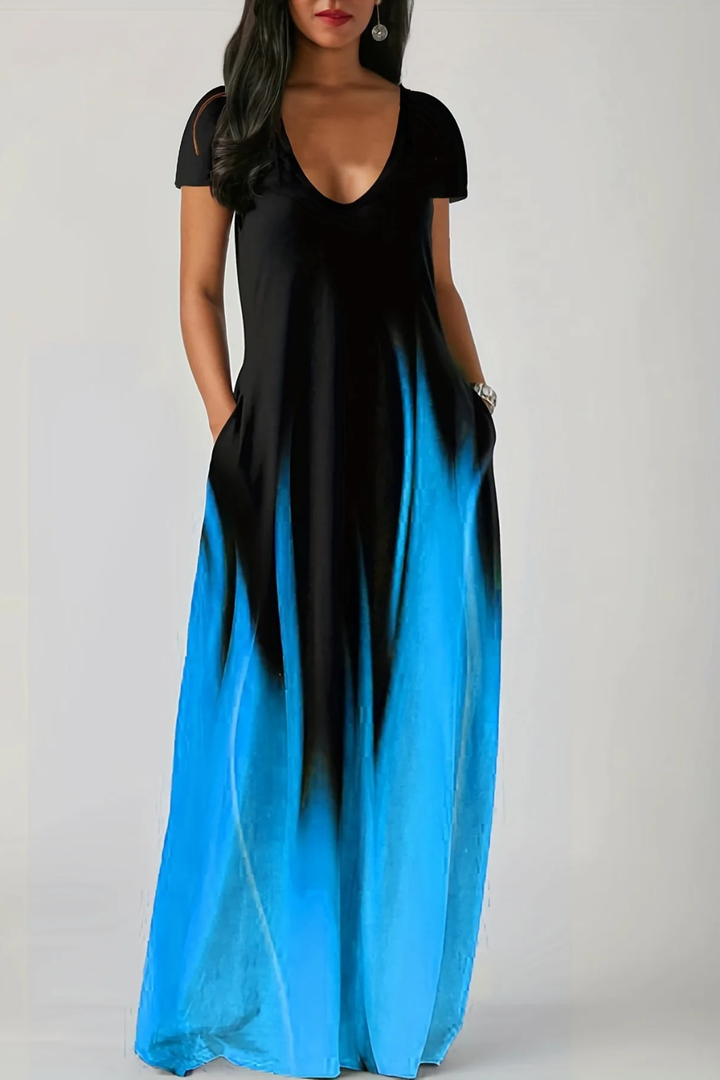 Stylish ombre V-neck maxi dress for women, featuring a comfortable flowy fit & short sleeves.