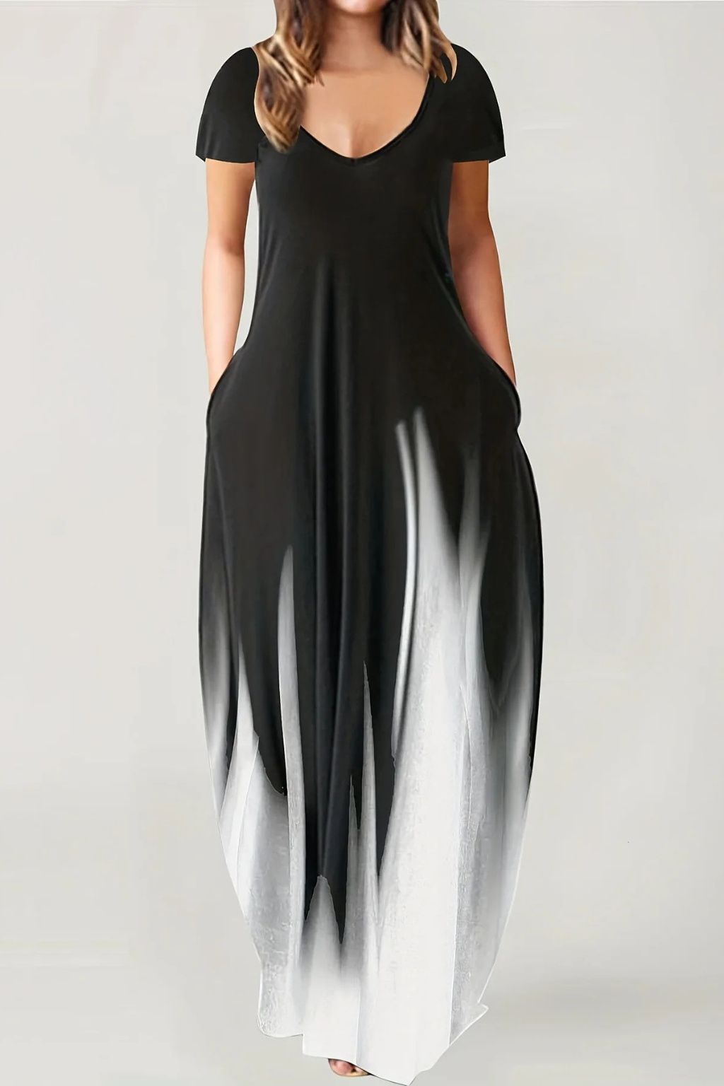 Spring/summer ombre maxi dress, women's V-neck, short sleeve, flowy, and comfortable.