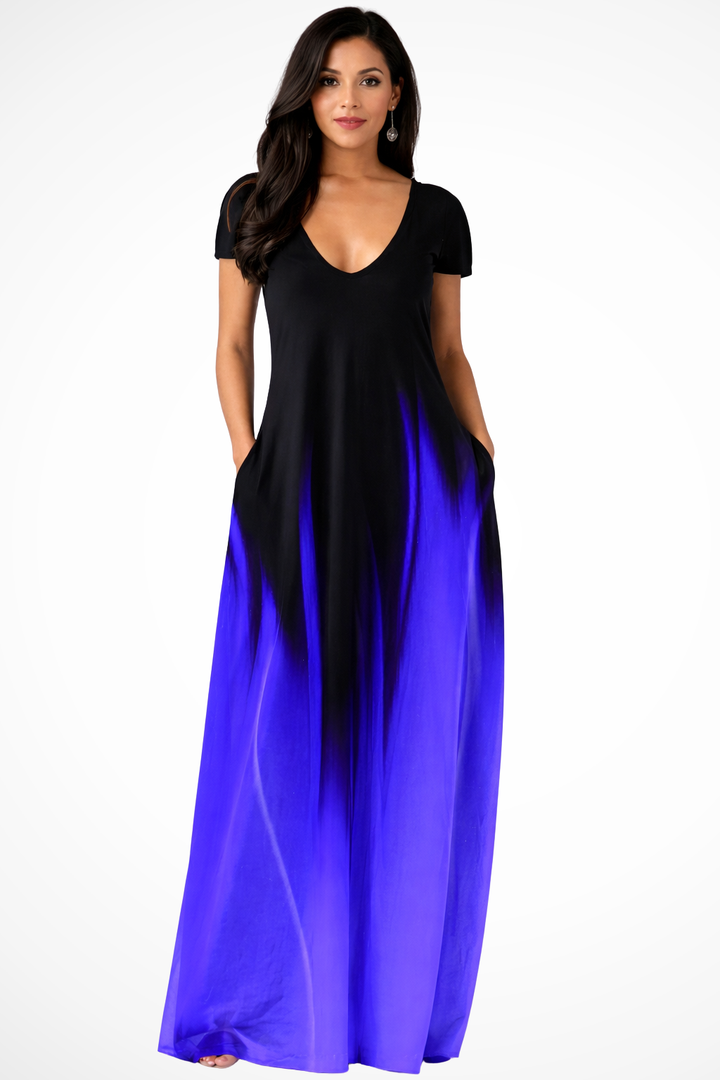 Trendy women's ombre V-neck maxi dress, short sleeve, ideal for casual daywear and fashion.