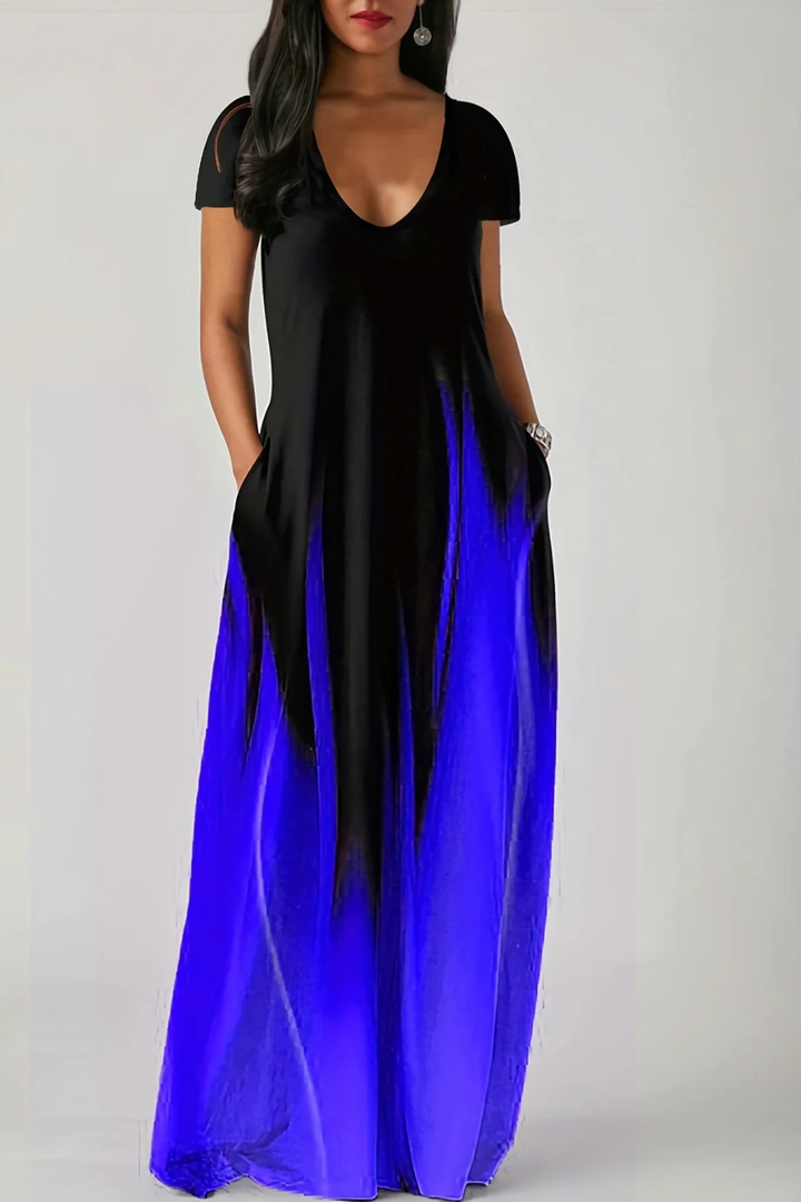 Comfortable short sleeve ombre maxi dress for women, V-neck, versatile for spring and summer.