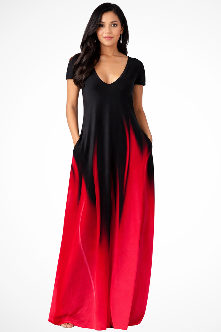 Flowy women's ombre maxi dress with V-neck & short sleeves, a chic casual summer fashion piece.