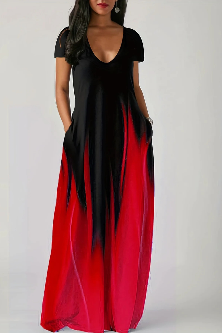 V-neck short sleeve ombre maxi dress for women, offering a comfortable, elegant, and casual style.