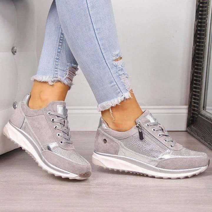 Beige casual women's shoes with bunion relief, arch support, and wide comfortable fit.