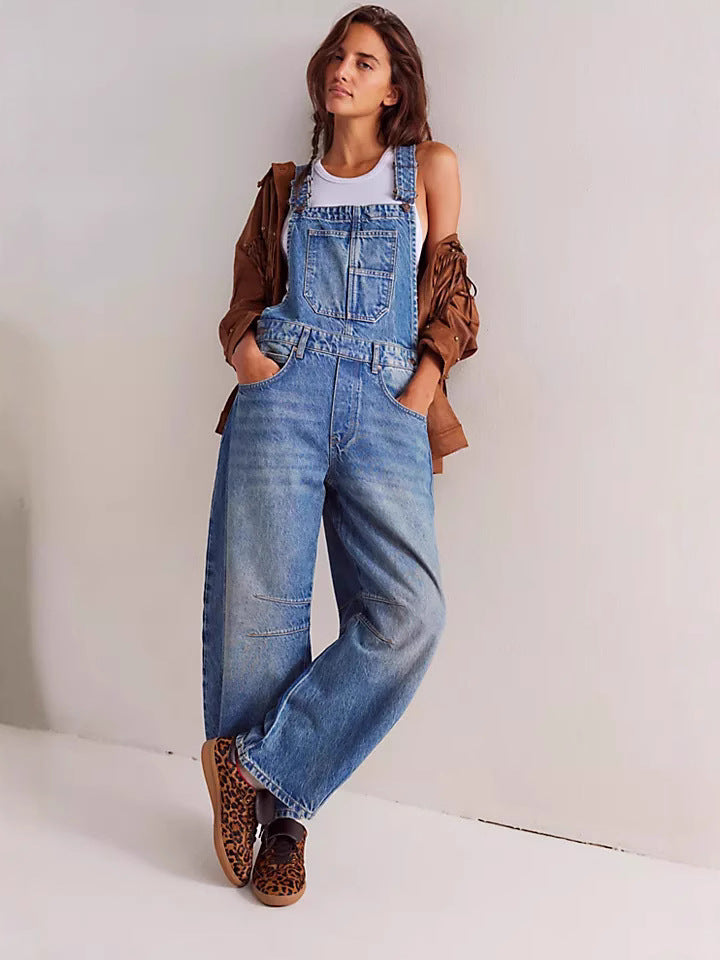 Women's casual oversized denim overalls with large front pocket