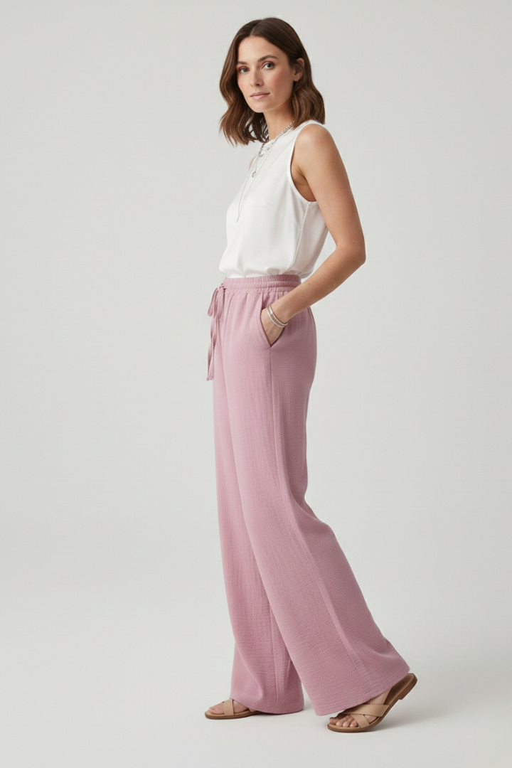 Women's relaxed fit palazzo trousers with practical pockets & drawstring waist, ideal for casual summer comfort.