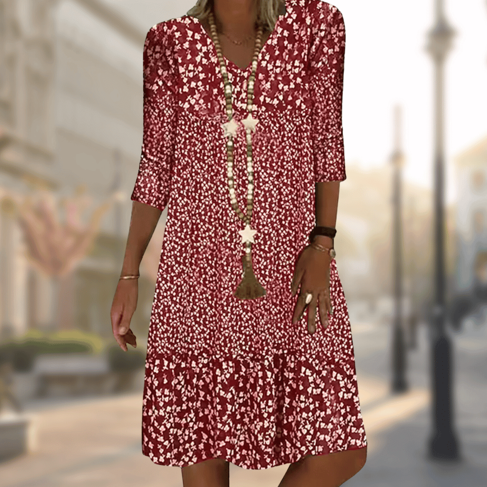 Elegant women's printed day dress, comfortable & stylish for casual or everyday fashion. Versatile summer apparel.