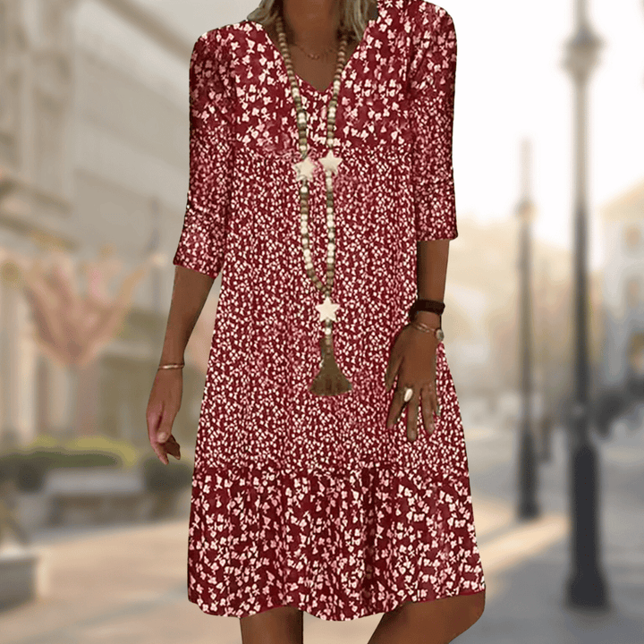 Elegant women's printed day dress, comfortable & stylish for casual or everyday fashion. Versatile summer apparel.
