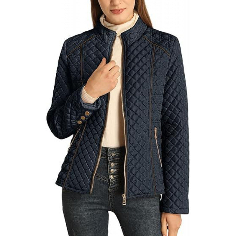 Women's quilted jacket with a modern high collar and practical pockets