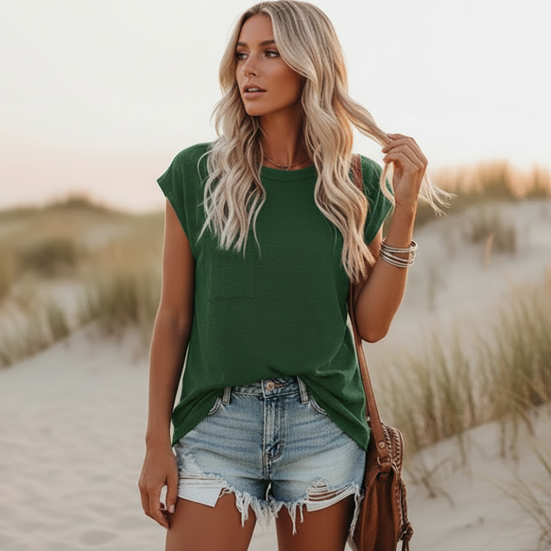 Ultra-comfortable women's round neck short sleeve t-shirt, a relaxed fit top for daily casual wear.