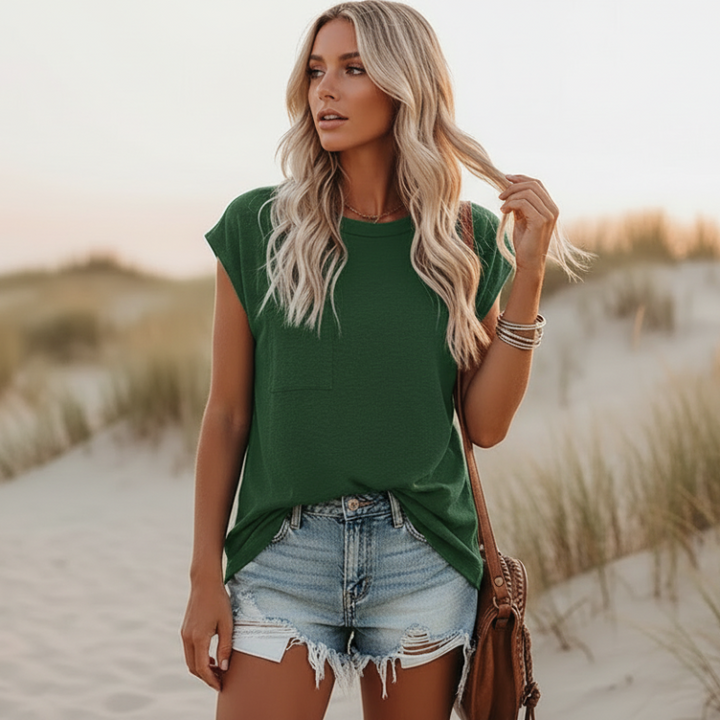Ultra-comfortable women's round neck short sleeve t-shirt, a relaxed fit top for daily casual wear.