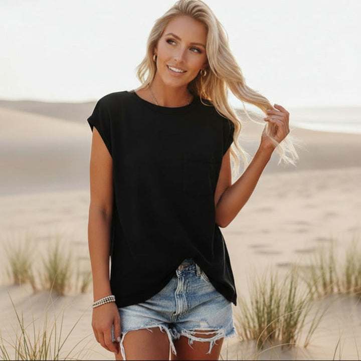 Relaxed fit women's round neck short sleeve tee, a comfortable casual top for everyday wear.