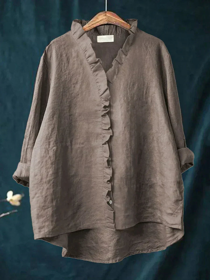 Versatile women's everyday ruffle V-neck blouse, perfect for casual elegance.