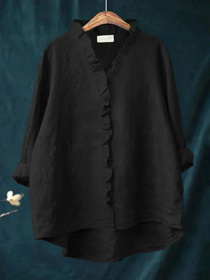 Comfortable women's ruffle V-neck shirt, long sleeve, great for daily wear.