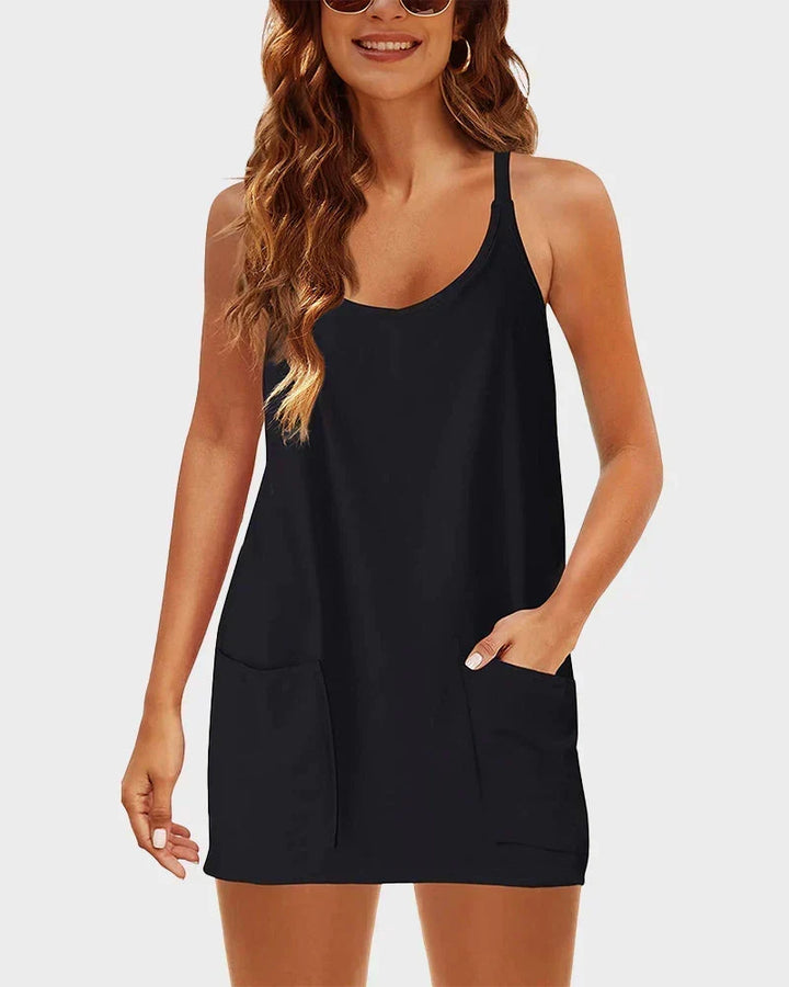 Women's casual scoop neck mini dress with built-in shorts, perfect for summer everyday wear.