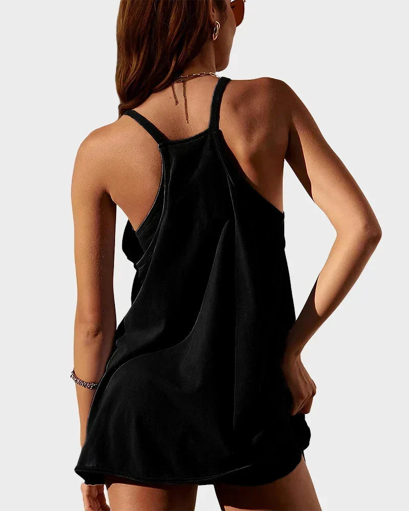 Versatile women's scoop neck mini dress with hidden shorts, ideal for active summer days.