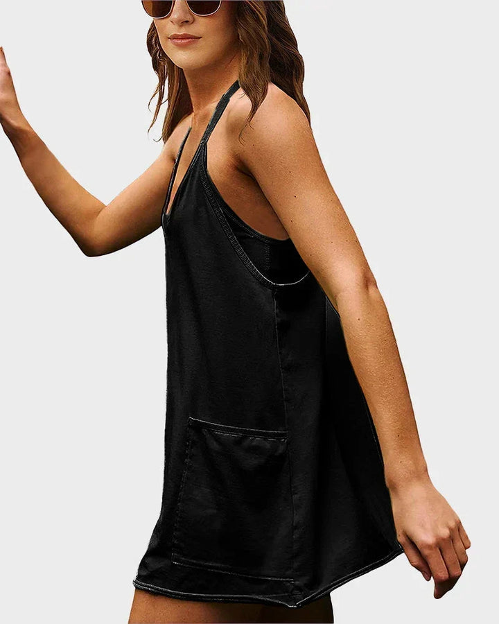 Women's mini dress with built-in shorts, offering comfort and freedom for summer activities.