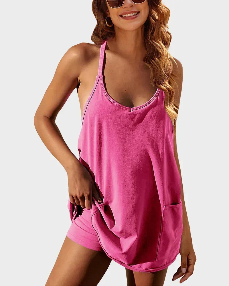 Fashionable women's casual mini dress with built-in shorts, great for active everyday wear.