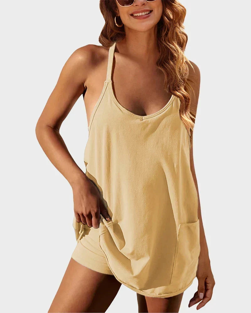 Women's versatile scoop neck mini dress with built-in shorts, combining fashion & comfort.