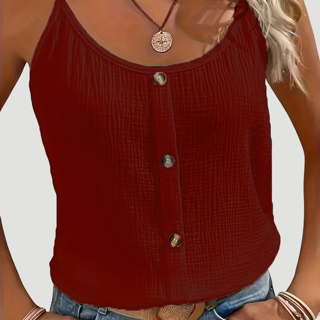 Chic sleeveless women's top. Casual button-front blouse, ideal for elegant lightweight spring & summer.