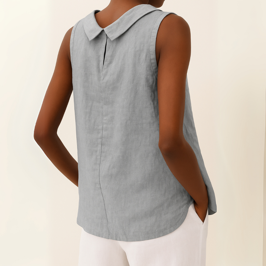 Elegant women's sleeveless top with stylish roll collar, perfect for summer fashion.