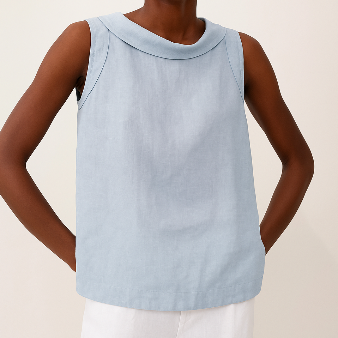 Fashionable women's sleeveless roll collar top, offering a sophisticated casual look.
