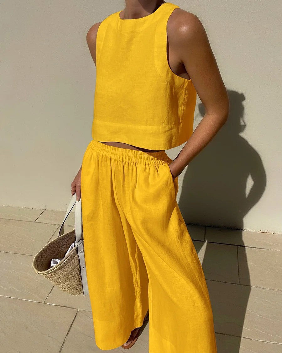 Chic women's sleeveless top and wide-leg capri set, offering effortless style for summer casual wear.