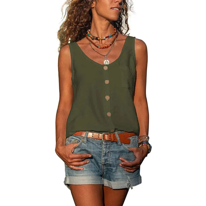 Women's loose fit V-neck sleeveless top with button front and chest pocket, great for summer fashion.