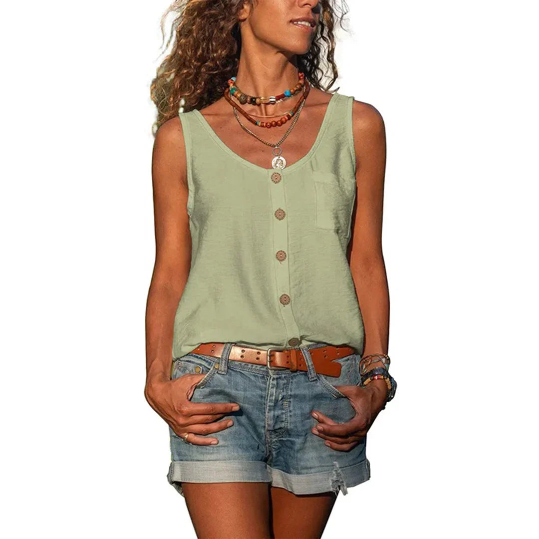 Soft & comfortable women's casual sleeveless V-neck top with chest pocket, ideal for warm weather everyday wear.