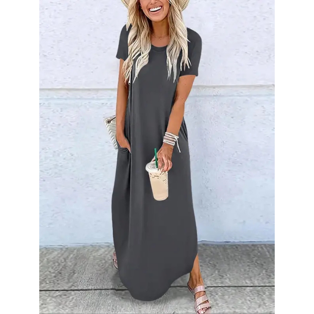 Women's casual summer maxi dress with round neck & short sleeves. Flowy, comfortable, and perfect for everyday wear.
