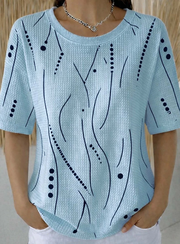 Women's casual textured wave knit top, short sleeve, relaxed fit, perfect for everyday summer and spring style.