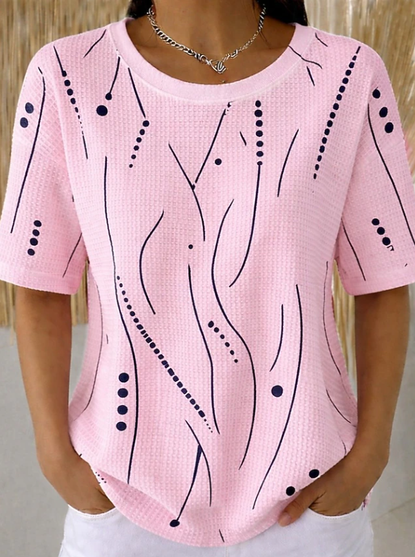 Comfortable ladies textured wave knit blouse for women, short sleeve, chic and versatile for casual wear.